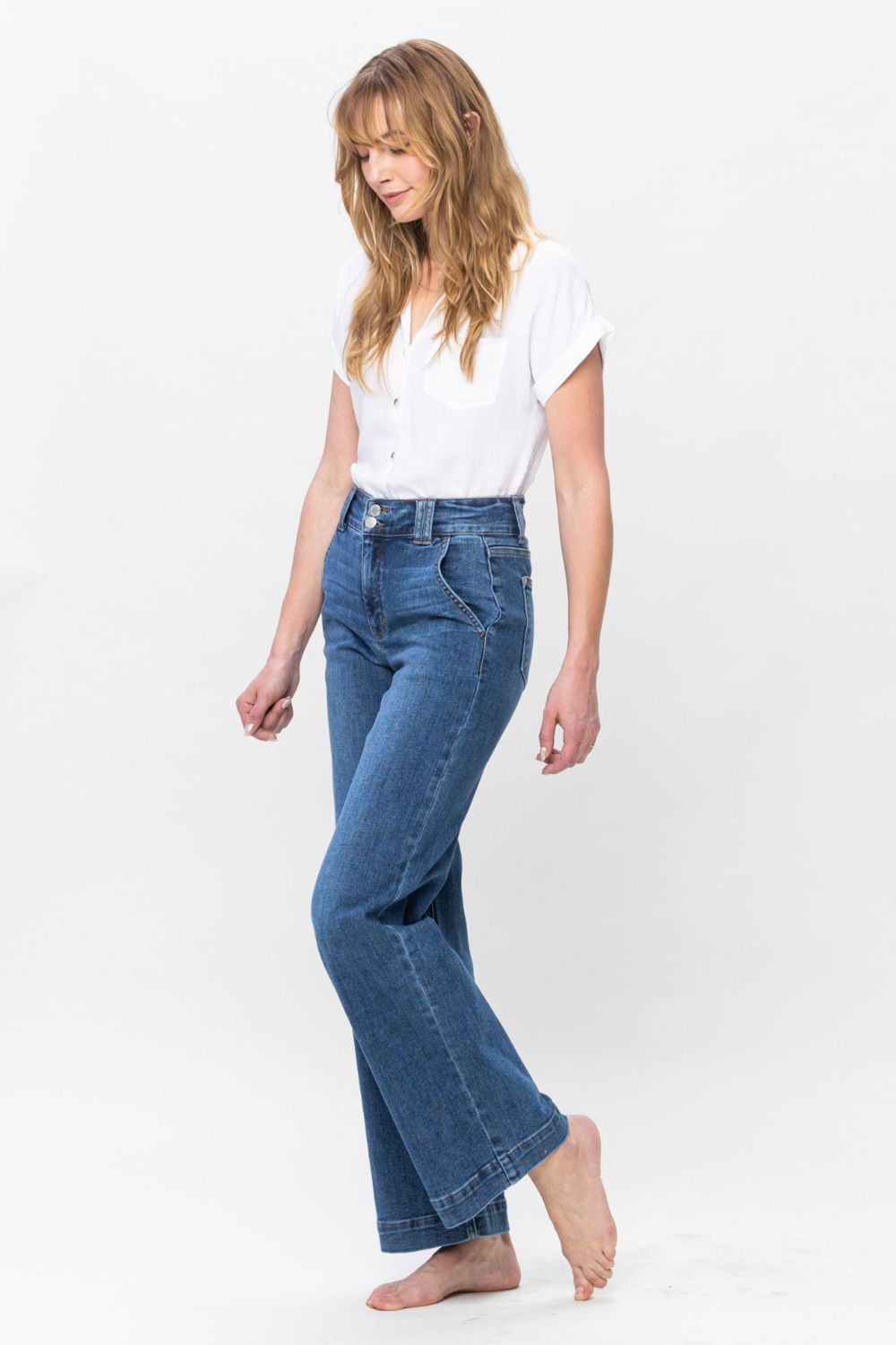 Judy Blue Full Size Double Button Wide Leg Jeans - ShopEasier