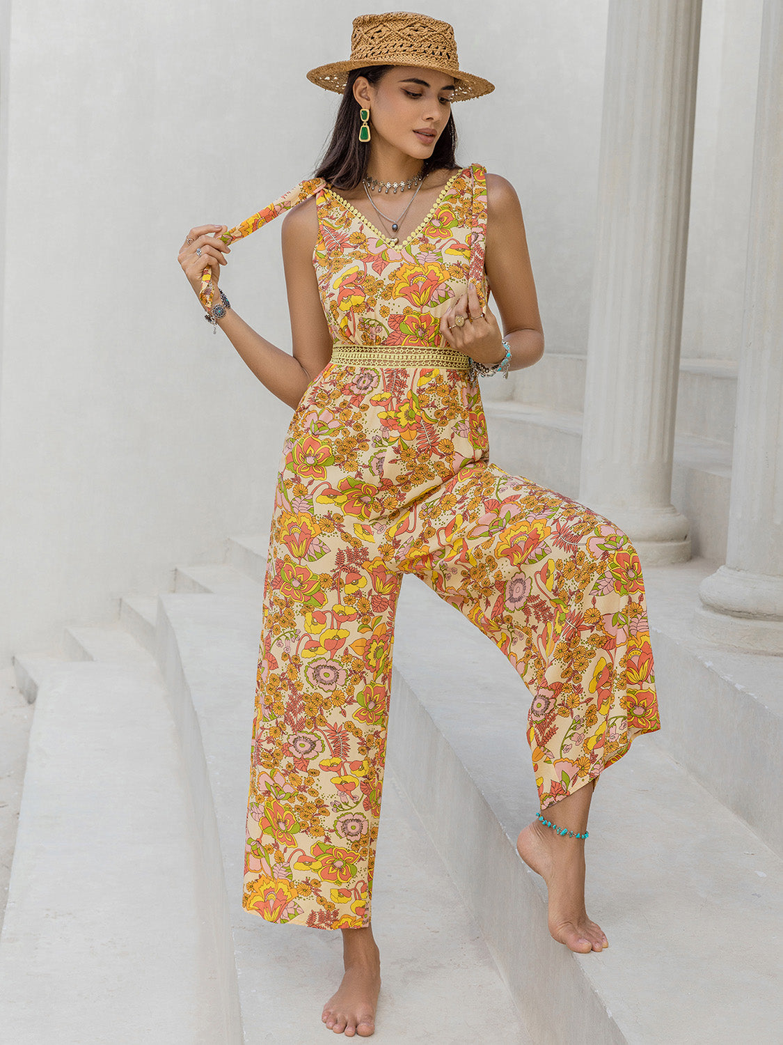 Floral Print V-Neck Tie-Shoulder Jumpsuit