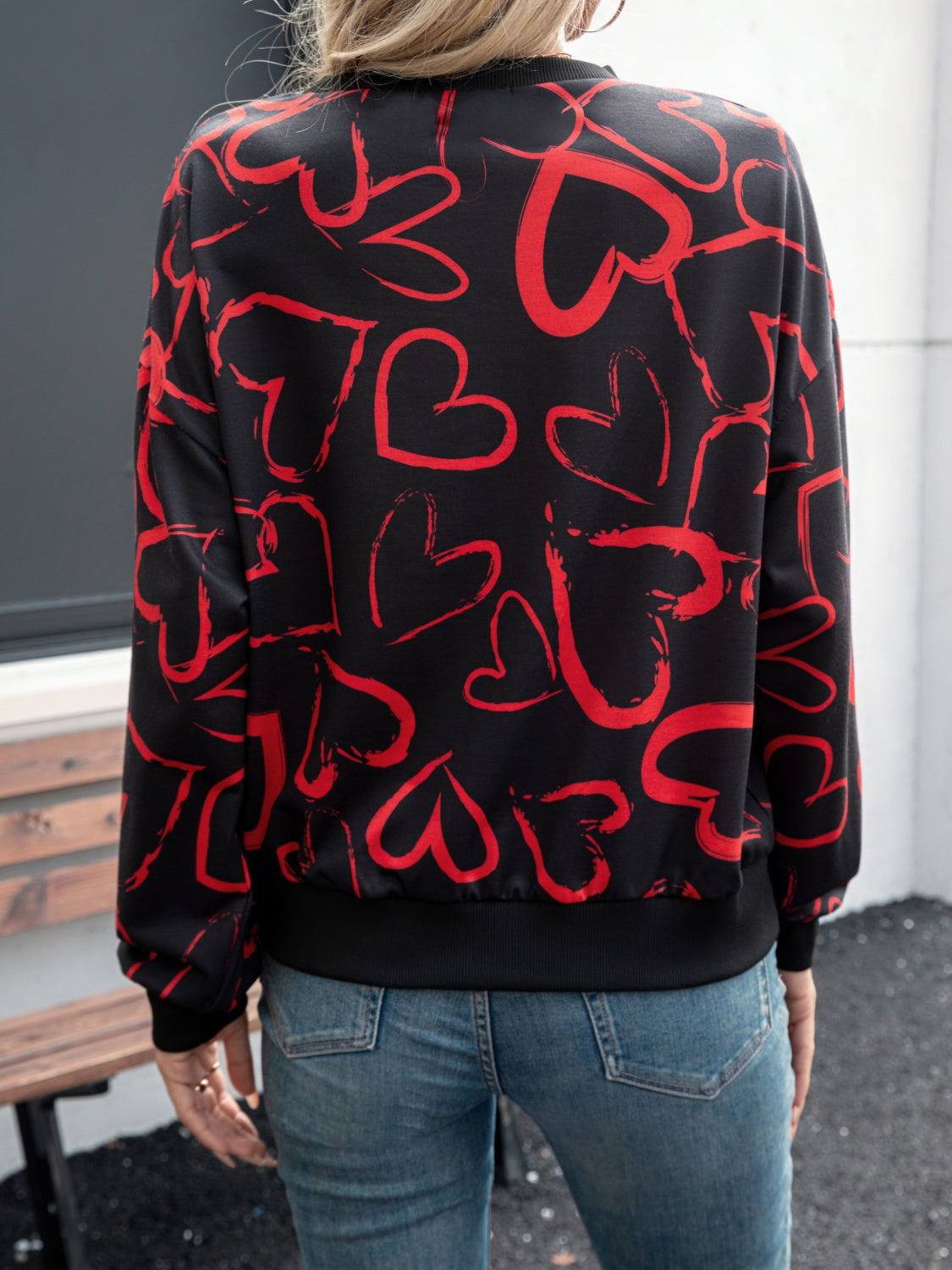 Cozy Heart-Embellished Dropped Shoulder Long Sleeve Sweatshirt