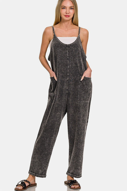 Zenana Washed Spaghetti Straps Overalls with Pockets - ShopEasier