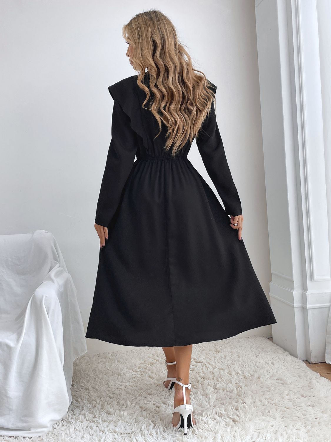 Ruched Ruffled Round Neck Long Sleeve Dress - ShopEasier