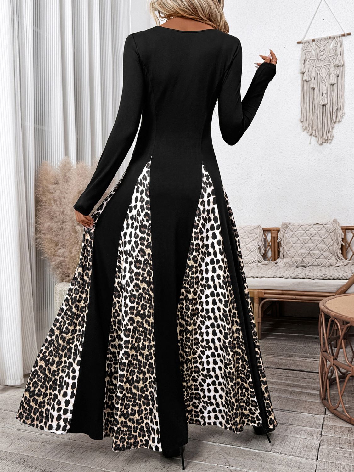 Perfee Leopard Square Neck Long Sleeve Maxi Dress - ShopEasier