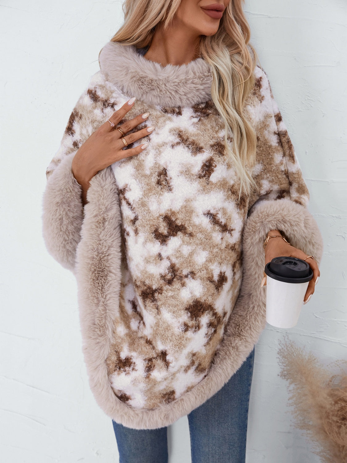 Furry Contrast Three-Quarter Poncho - ShopEasier