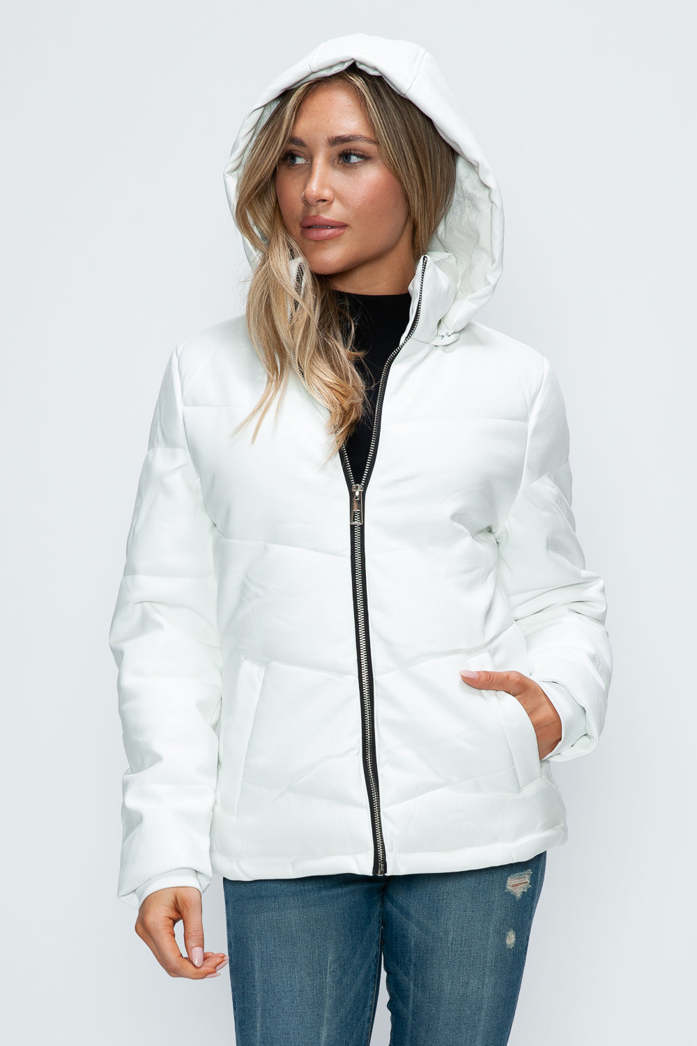 How Dare U Pocketed Zip Up Puffer Jacket with Removable Hood - ShopEasier