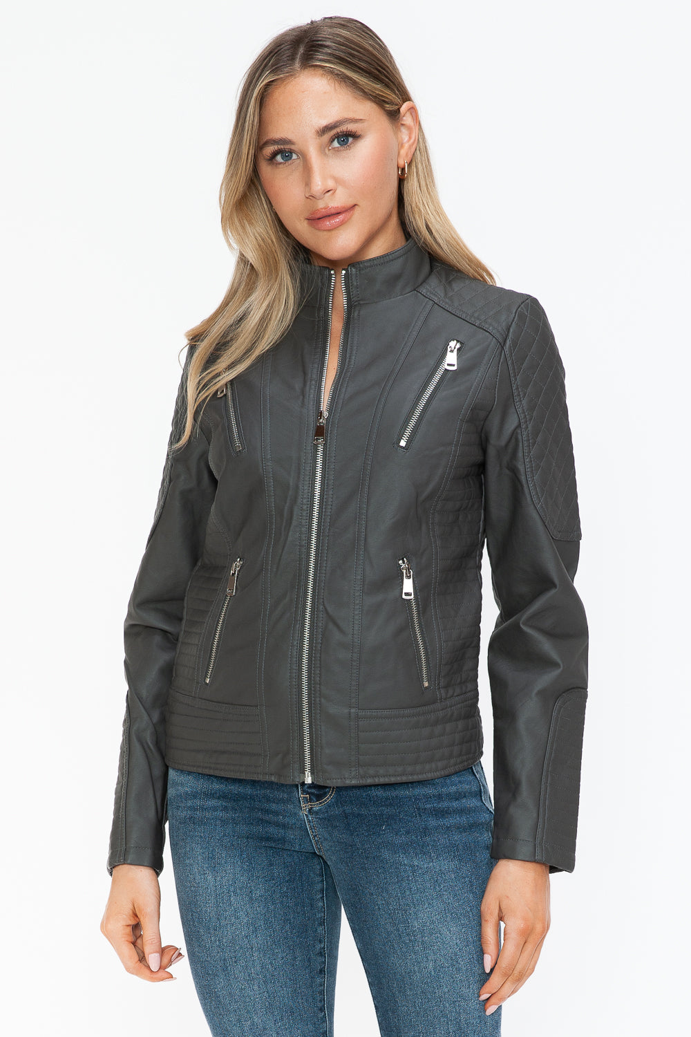 Snobbish Faux Leather Zip Up Mock Neck Jacket - ShopEasier