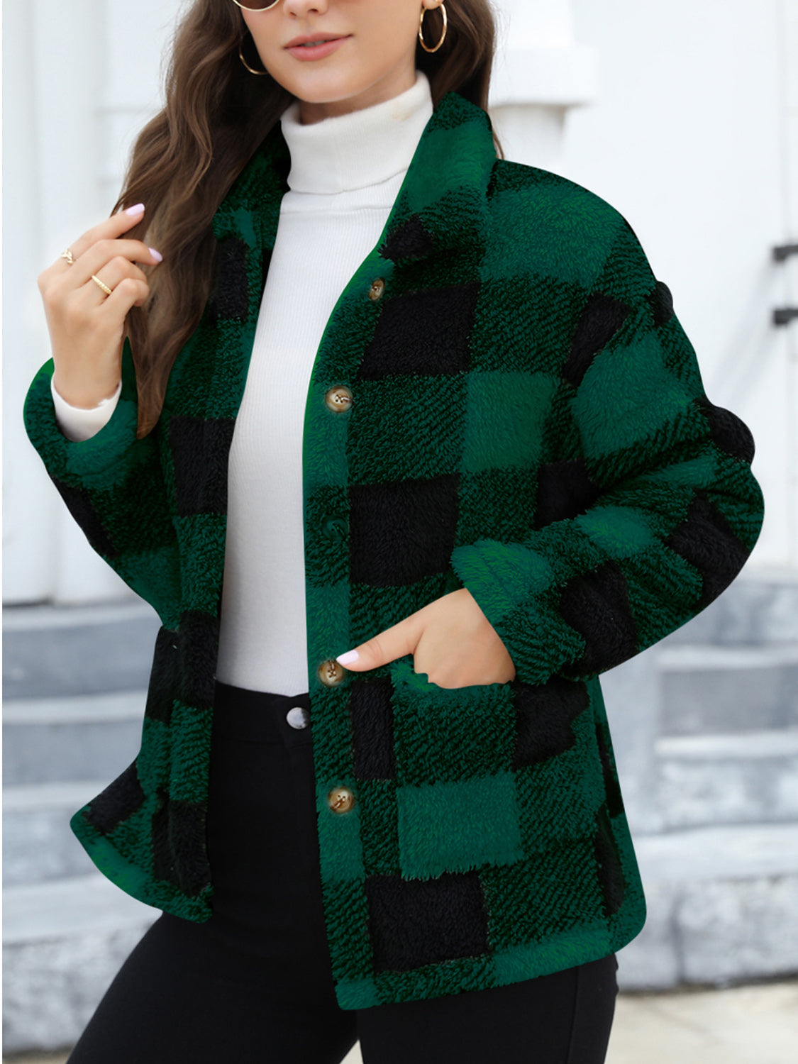 Button Up Drop Shoulder Fuzzy Jacket - ShopEasier