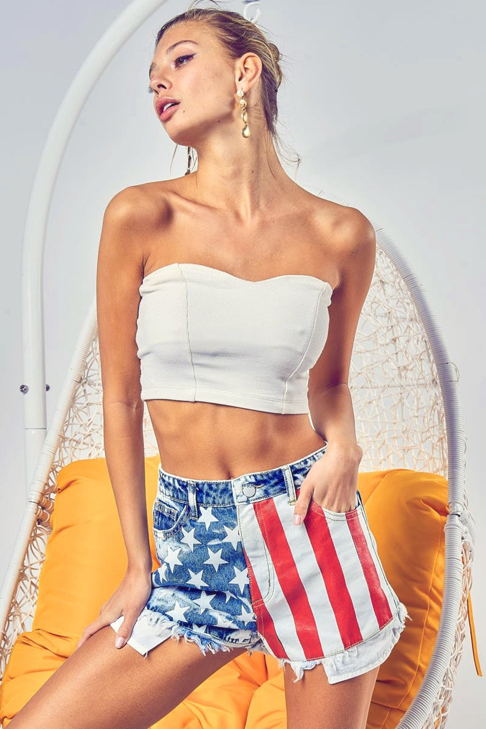 Patriotic Bleached Denim Shorts with US Flag Design