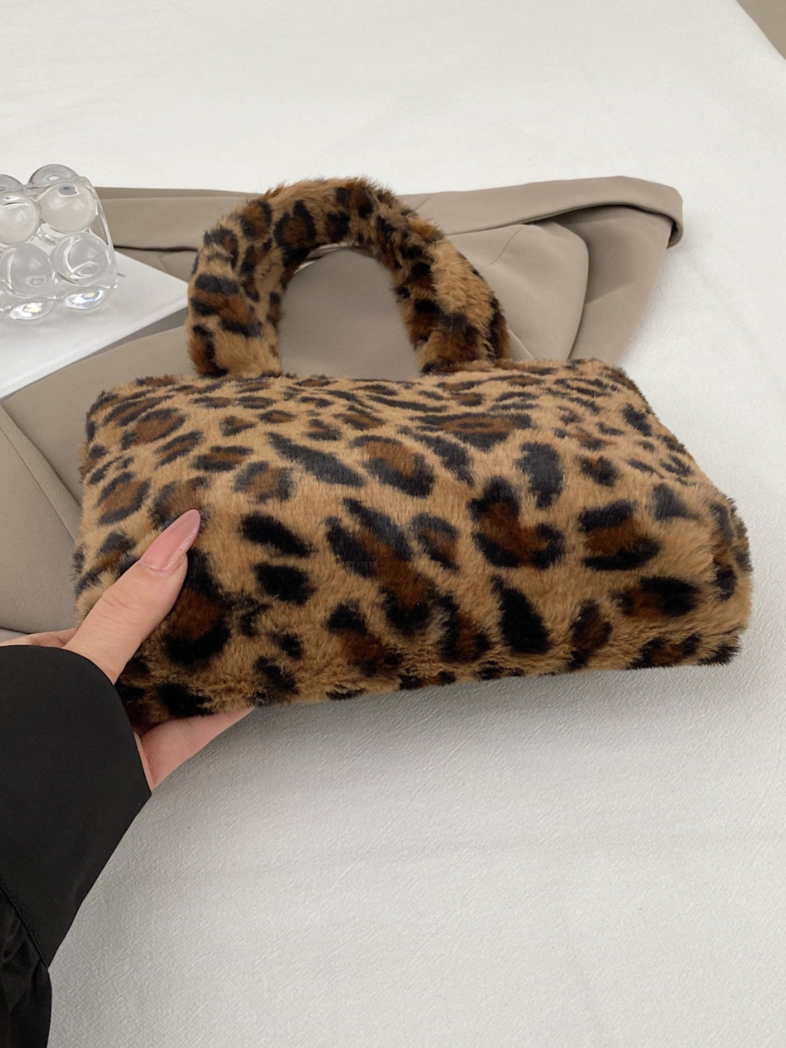 Leopard Print Fluff Zip-Up Handbag