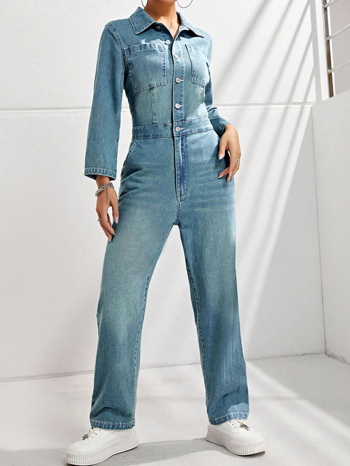 Half Button Long Sleeve Straight Leg Denim Jumpsuit - ShopEasier