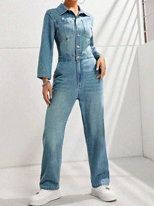 Half Button Long Sleeve Straight Leg Denim Jumpsuit - ShopEasier