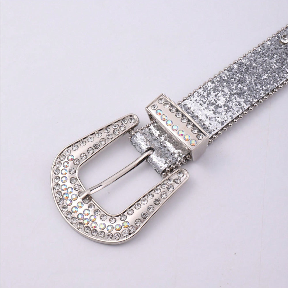 Rhinestone-Embellished PU Leather Belt