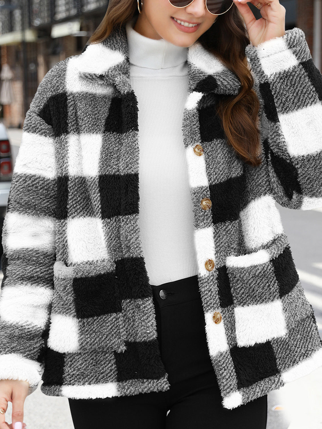 Button Up Drop Shoulder Fuzzy Jacket - ShopEasier