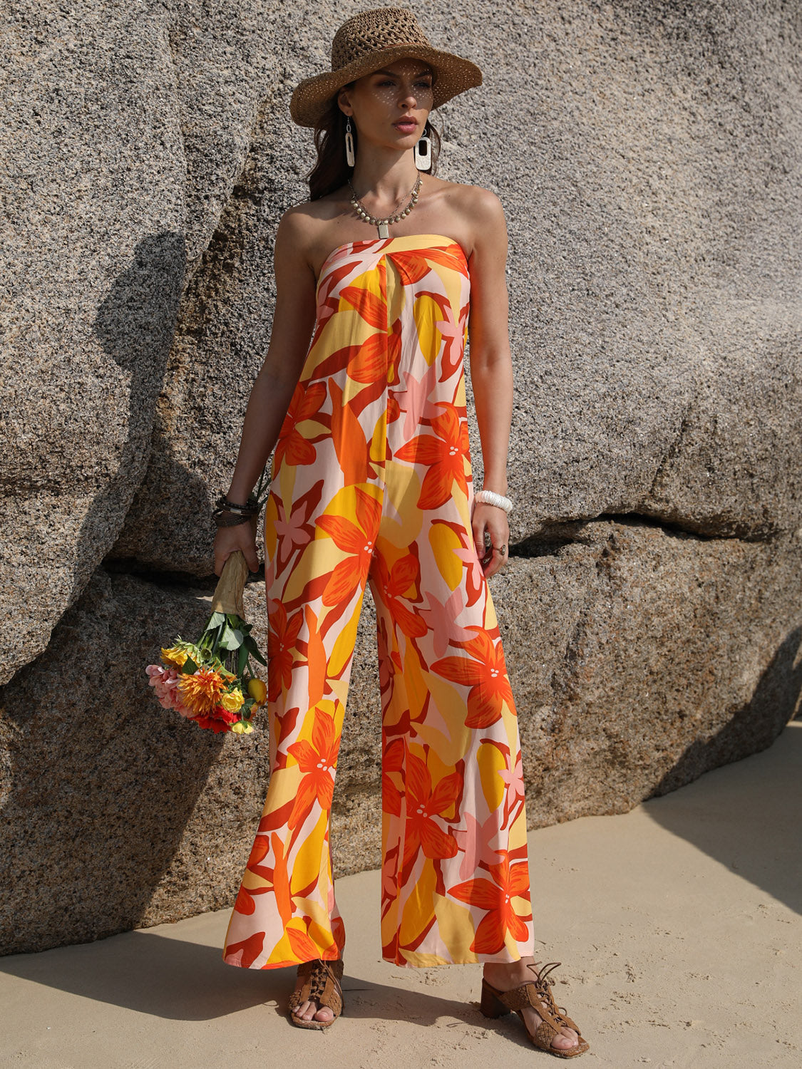 Tied Printed Tube Wide Leg Jumpsuit - ShopEasier