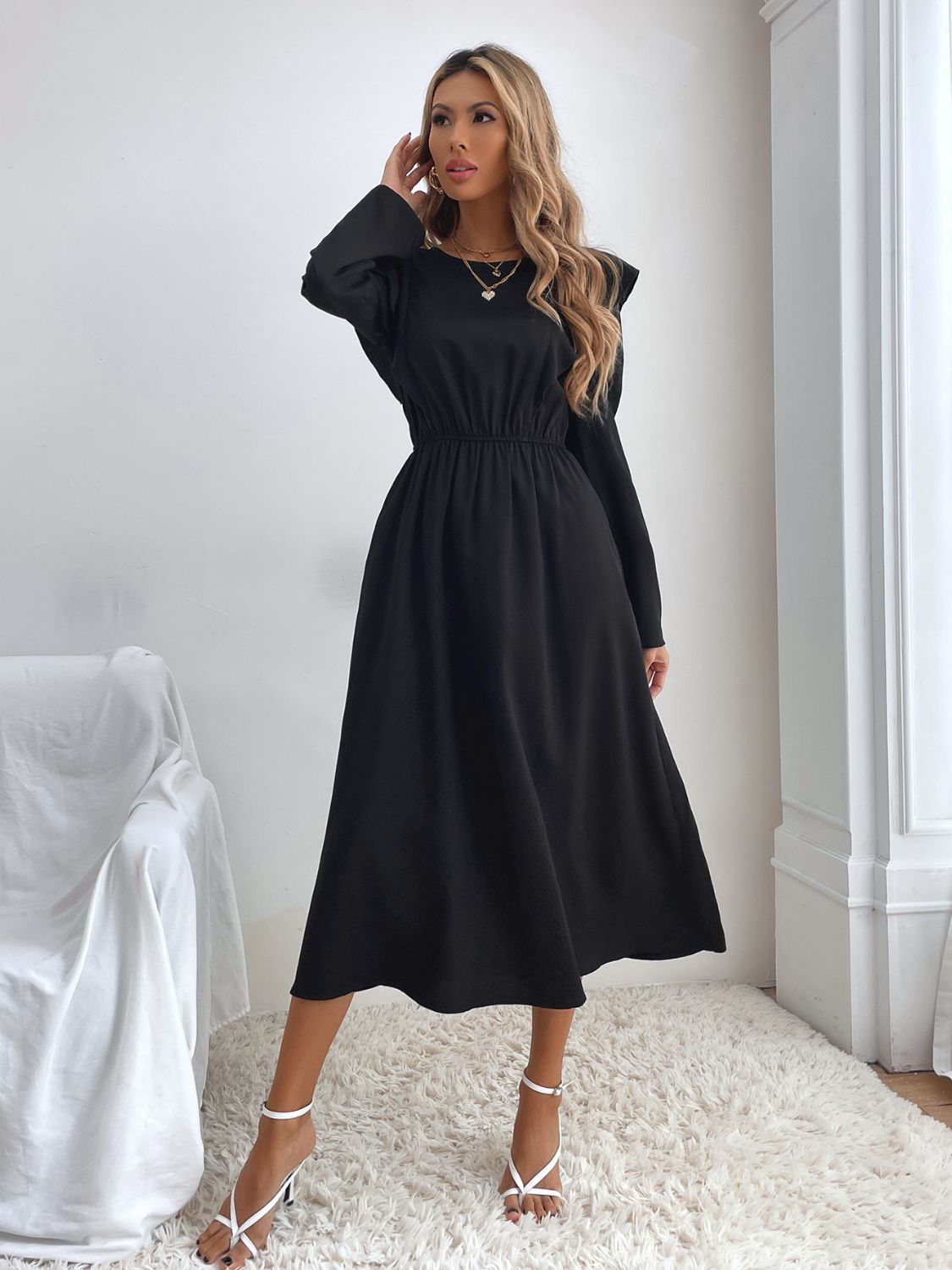 Ruched Ruffled Round Neck Long Sleeve Dress - ShopEasier