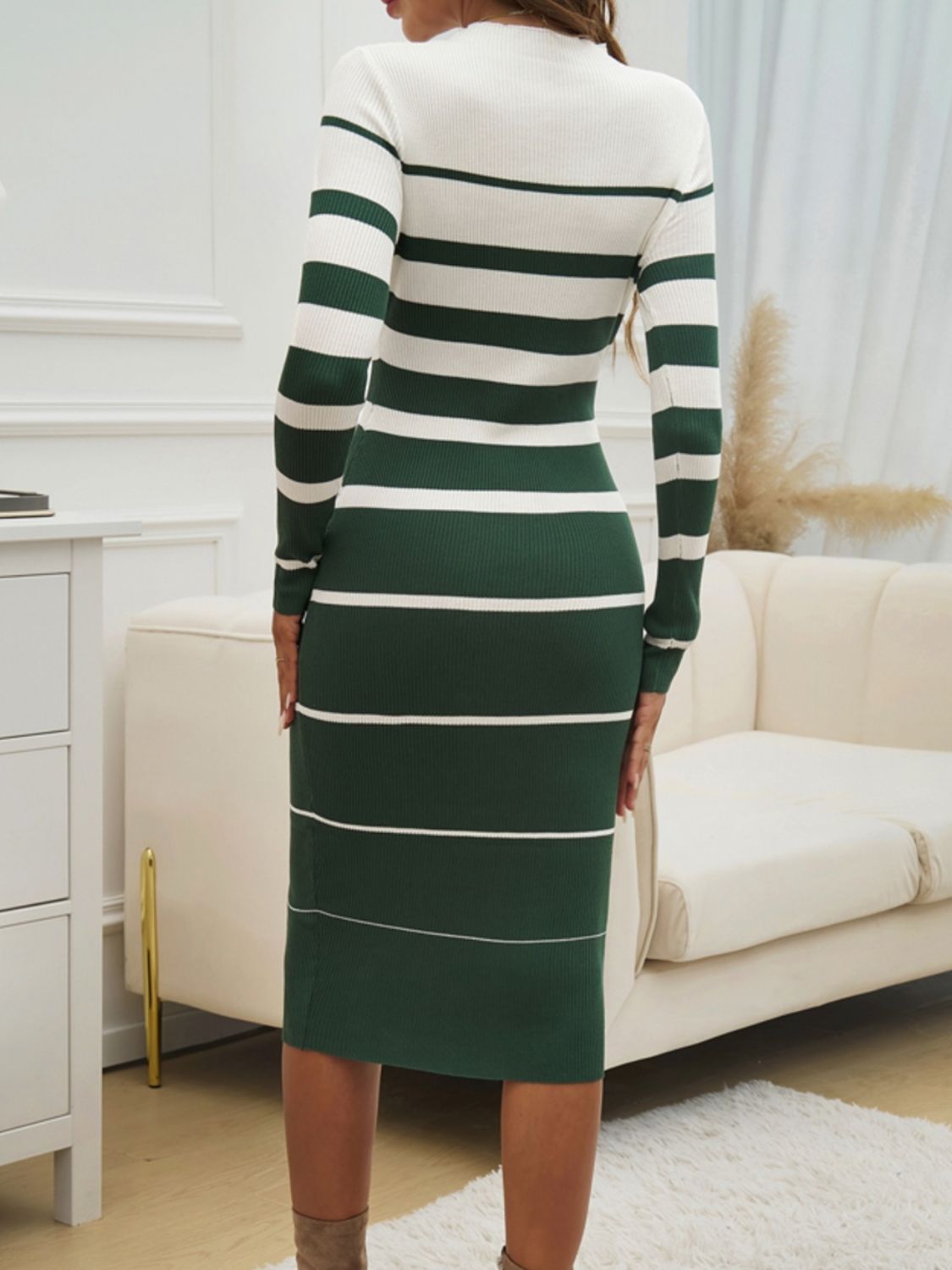 Devine Color Block Round Neck Long Sleeve Midi Dress - ShopEasier