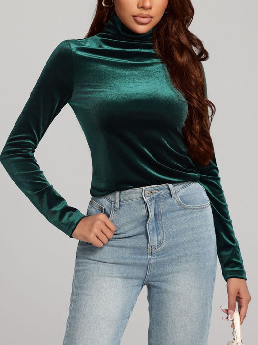 Sleek Solid Color Turtleneck Long Sleeve Top