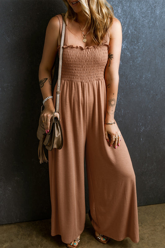 Frill Smocked Wide Leg Jumpsuit - ShopEasier