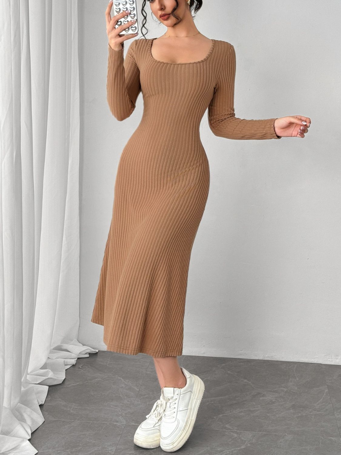 Square Neck Long Sleeve Midi Wrap Dress - ShopEasier