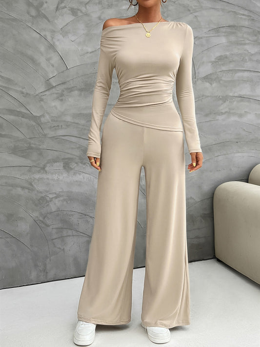 Chic Long Sleeve Top and Flowy Wide Leg Pants Ensemble