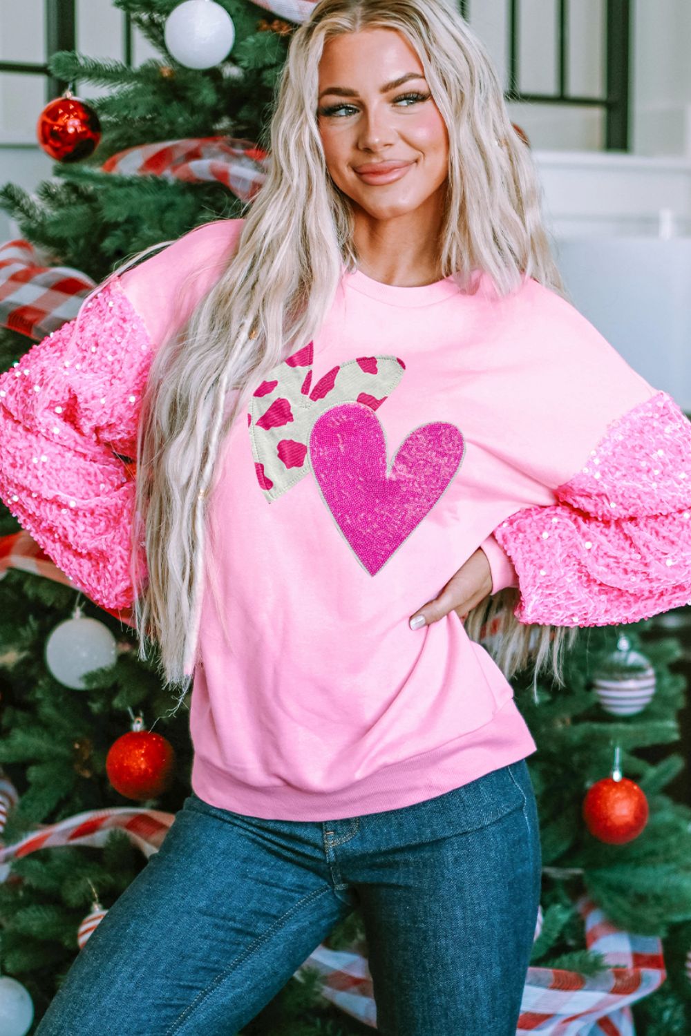 Sparkling Heart Sequin Long Sleeve Sweatshirt for Valentine's Day