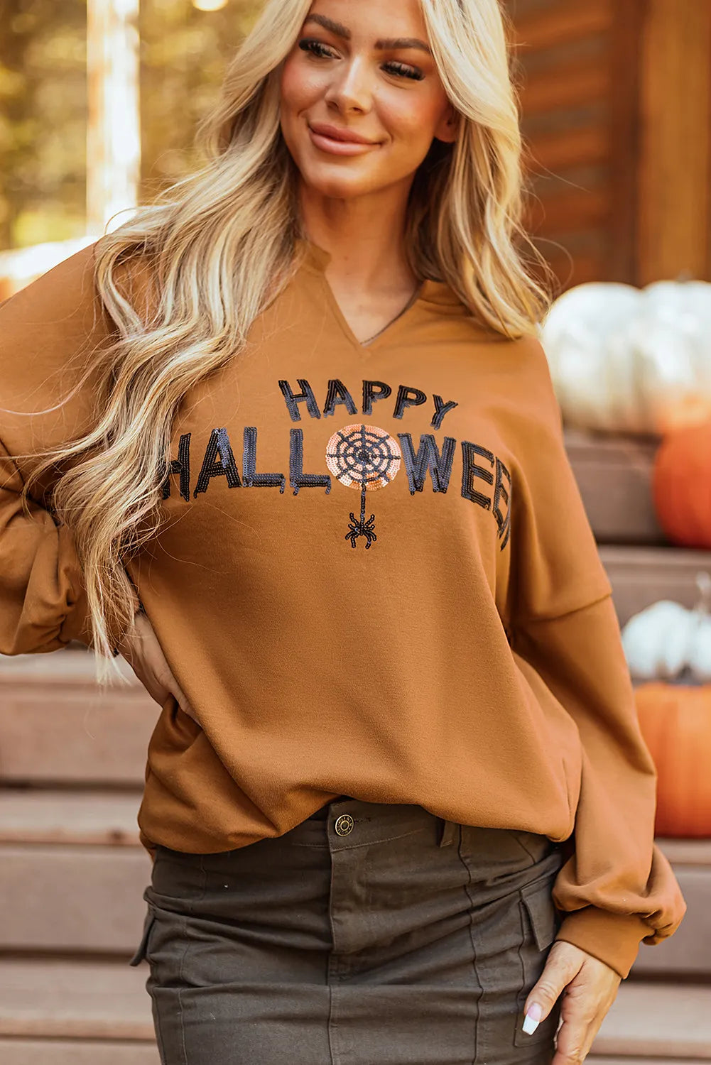 Sequin Letter Graphic Notched Long Sleeve Sweatshirt - ShopEasier