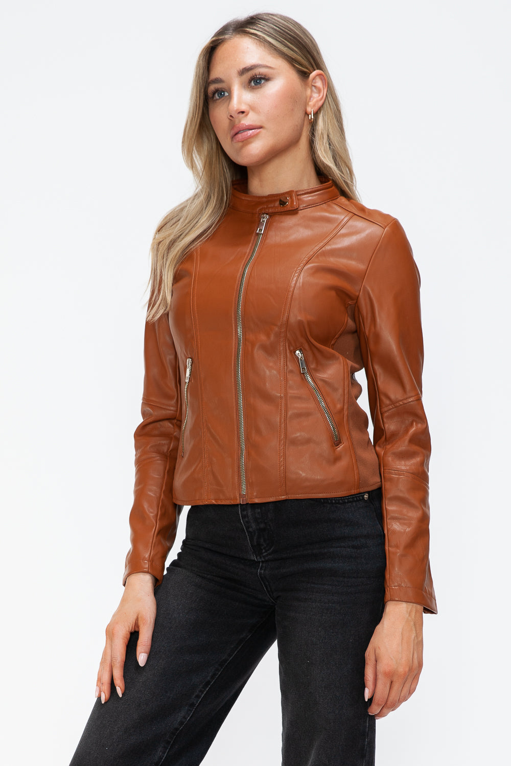 Snobbish Faux Leather Zip Up Drawstring Hooded Jacket - ShopEasier