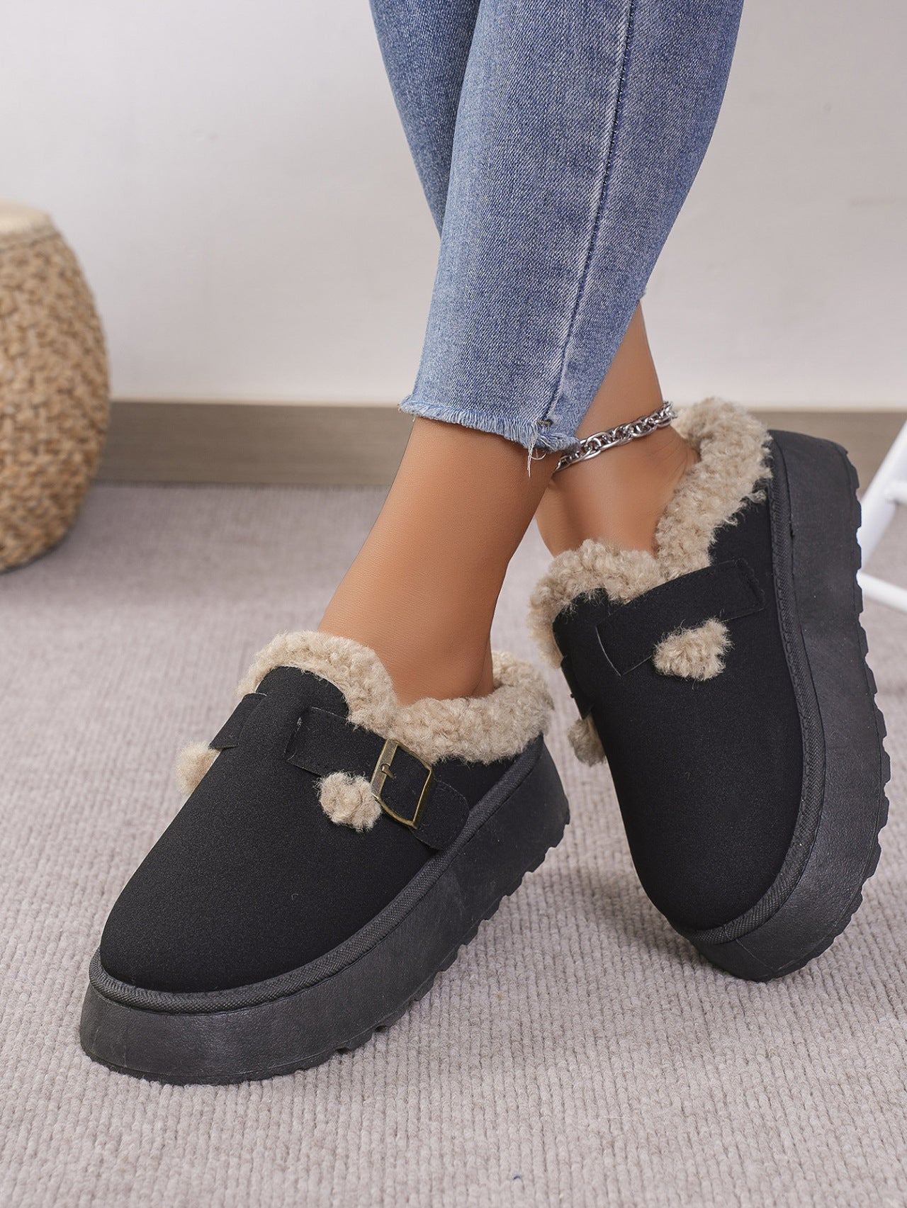 Cozy Faux Fur Buckle Platform Slippers