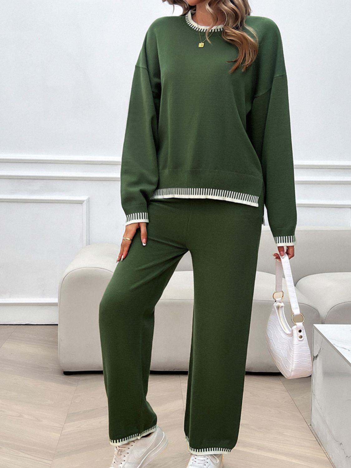 Chic Dropped Shoulder Sweater Set with Round Neck Top and Pants