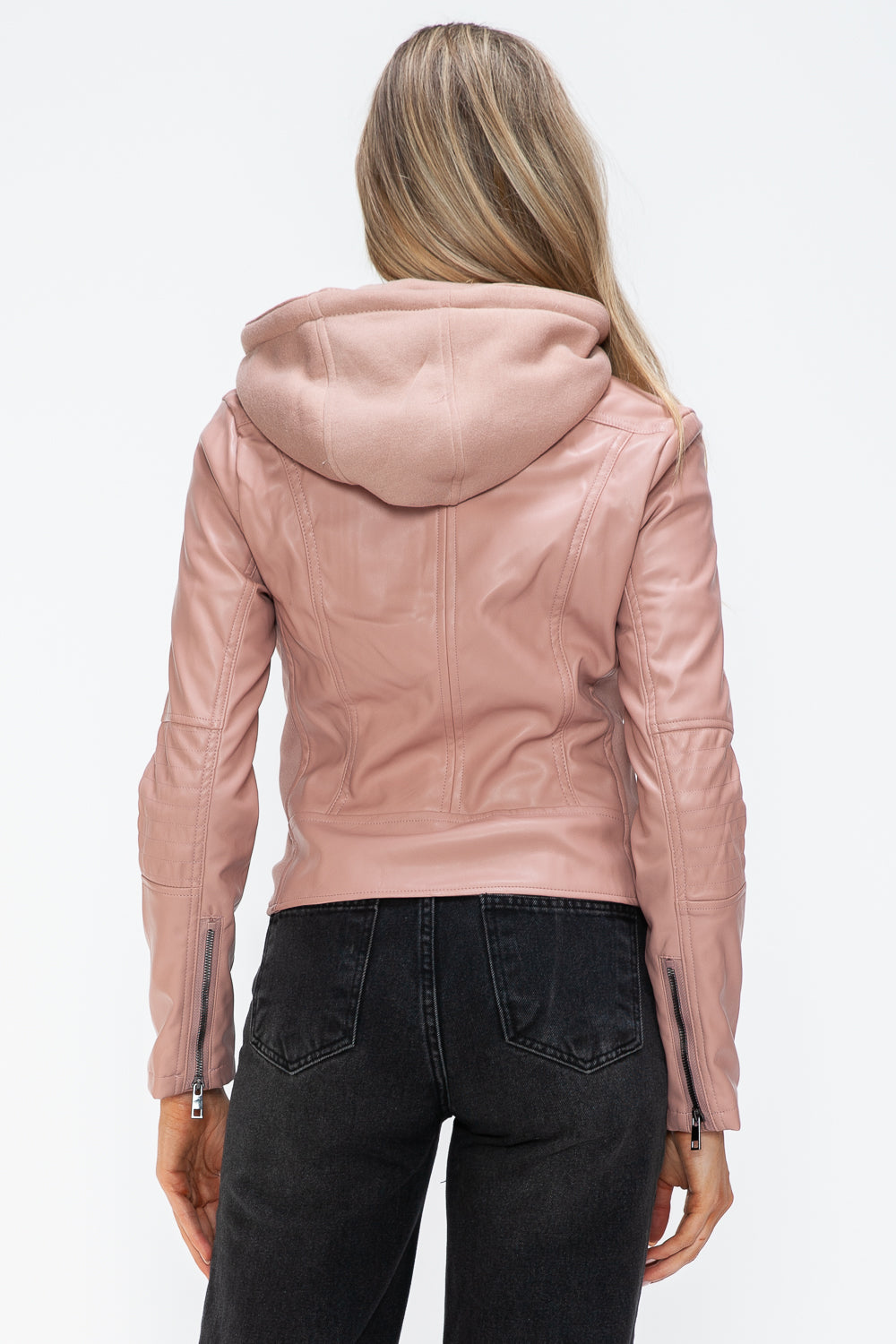 Snobbish Faux Leather Zip Up Drawstring Hooded Jacket - ShopEasier