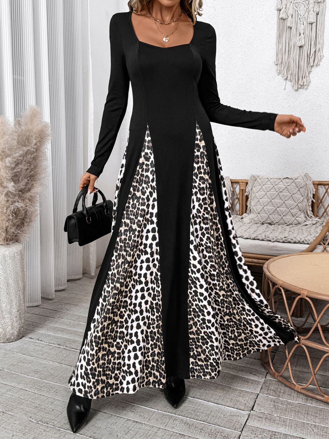 Perfee Leopard Square Neck Long Sleeve Maxi Dress - ShopEasier