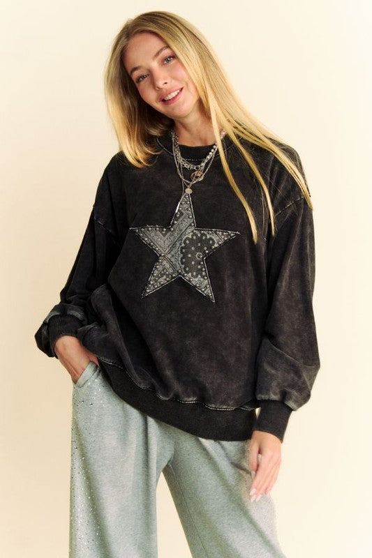 Acid-Washed Studded Star Patch Sweatshirt by Davi & Dani