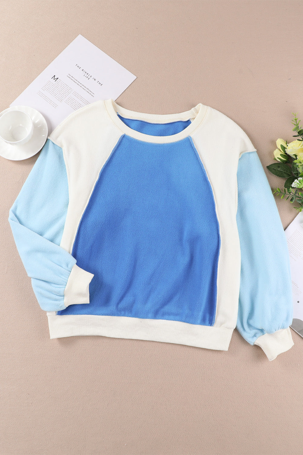 Color Block Casual Round Neck Sweatshirt with Dropped Shoulders