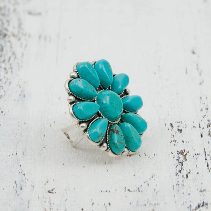 Artificial Turquoise Alloy Flower Ring - ShopEasier