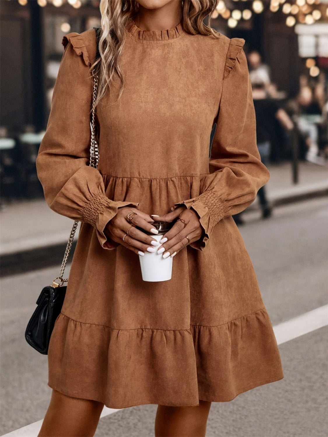 Frill Round Neck Long Sleeve Mini Dress - ShopEasier