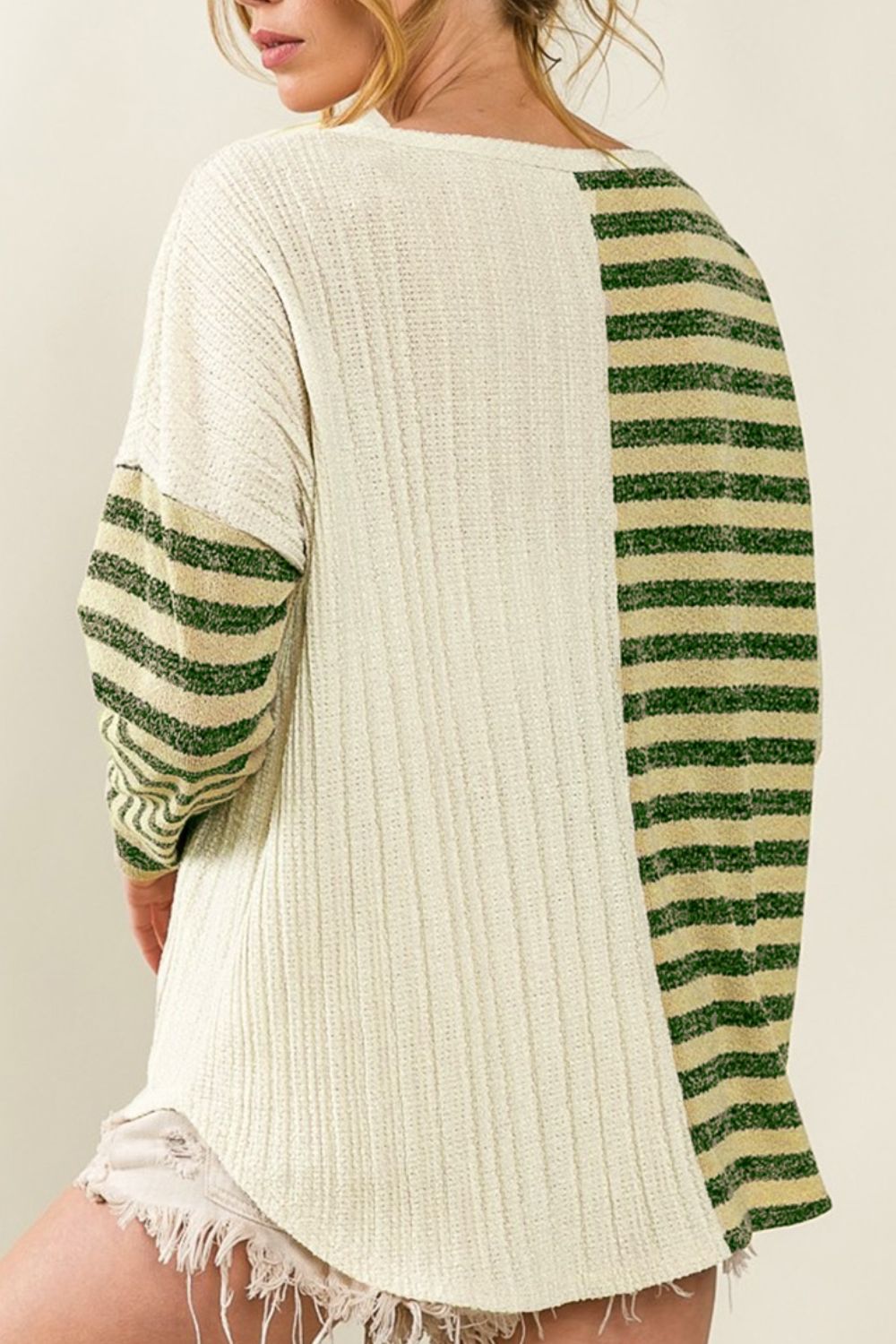 Pocketed Striped Long Sleeve Top with Round Neck