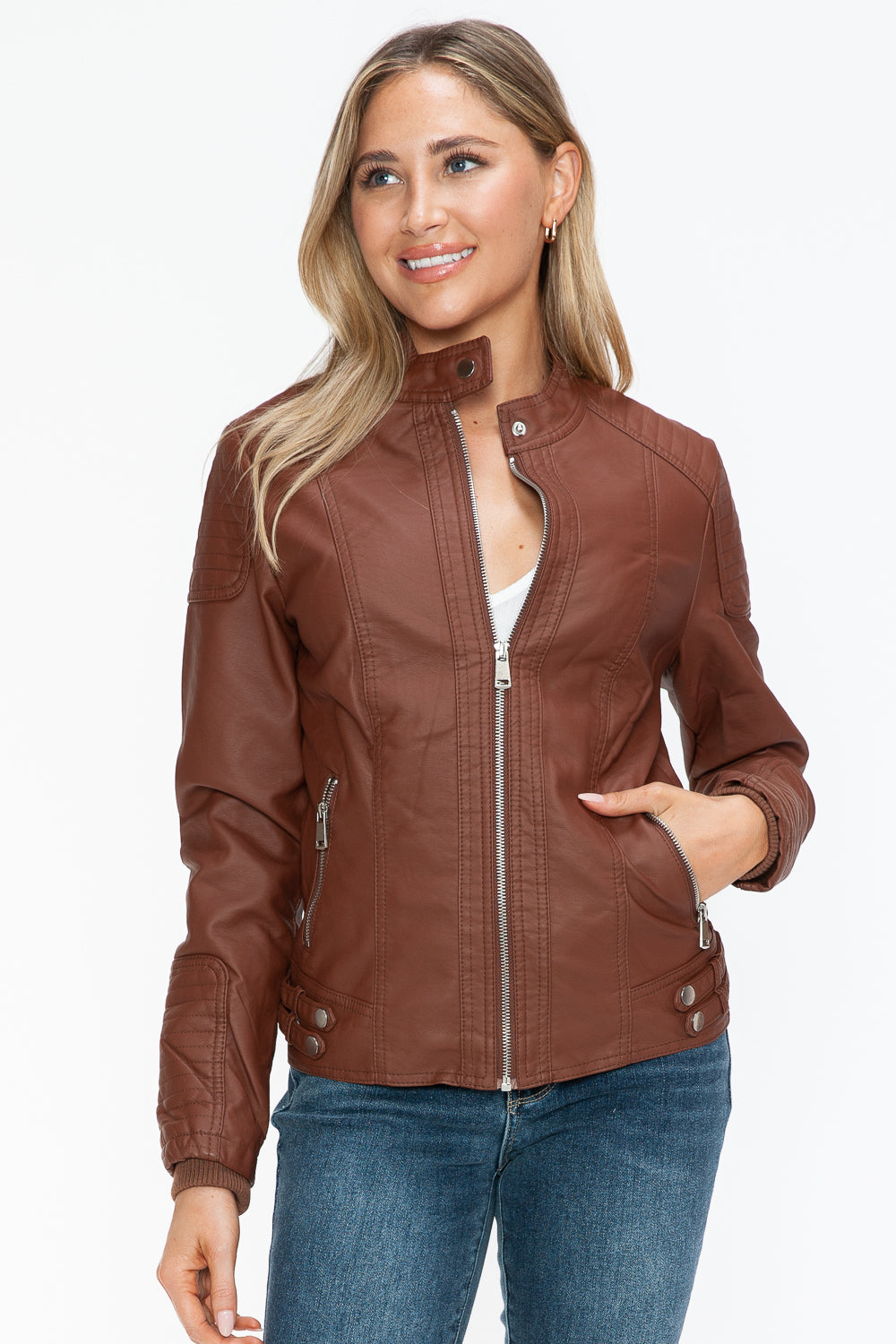 Snobbish Faux Leather Biker Jacket with Side Zip Pockets - ShopEasier