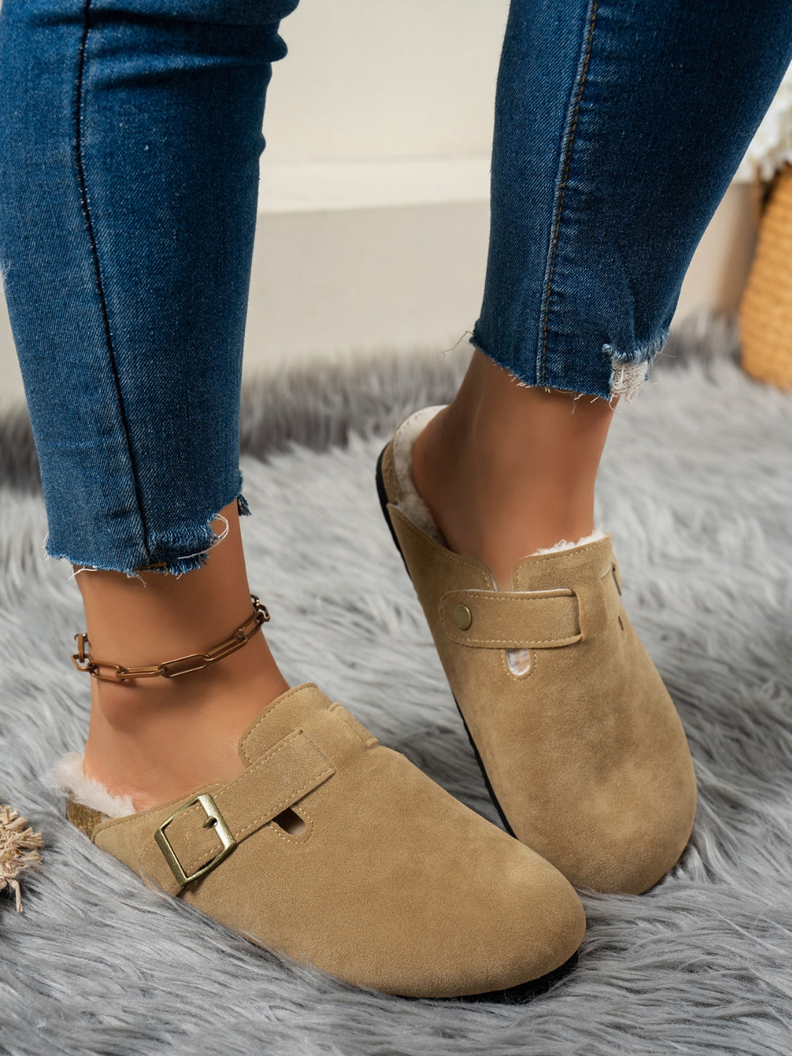 Faux Fur-Lined Suede Slip-On Slippers