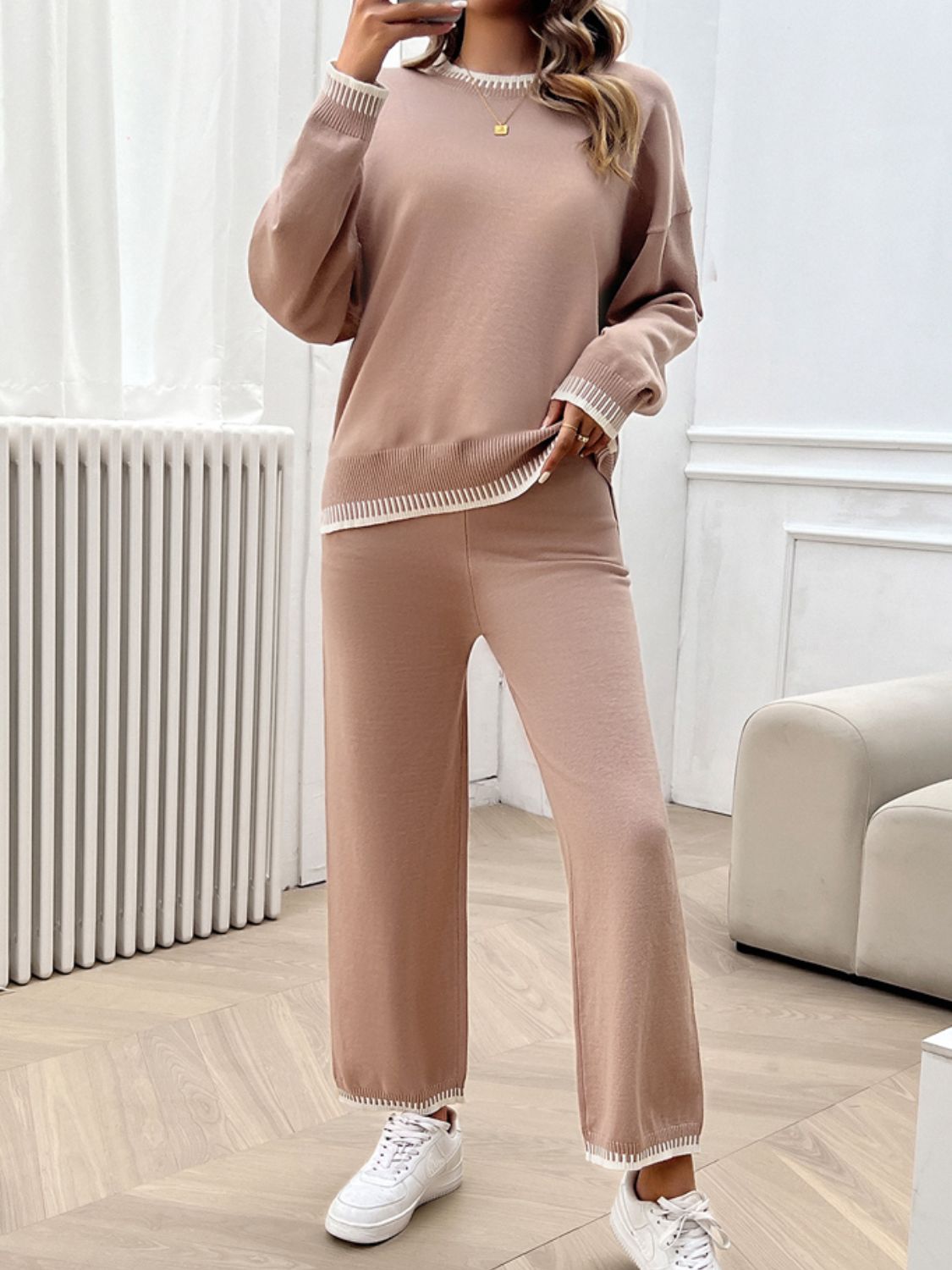 Chic Dropped Shoulder Sweater Set with Round Neck Top and Pants