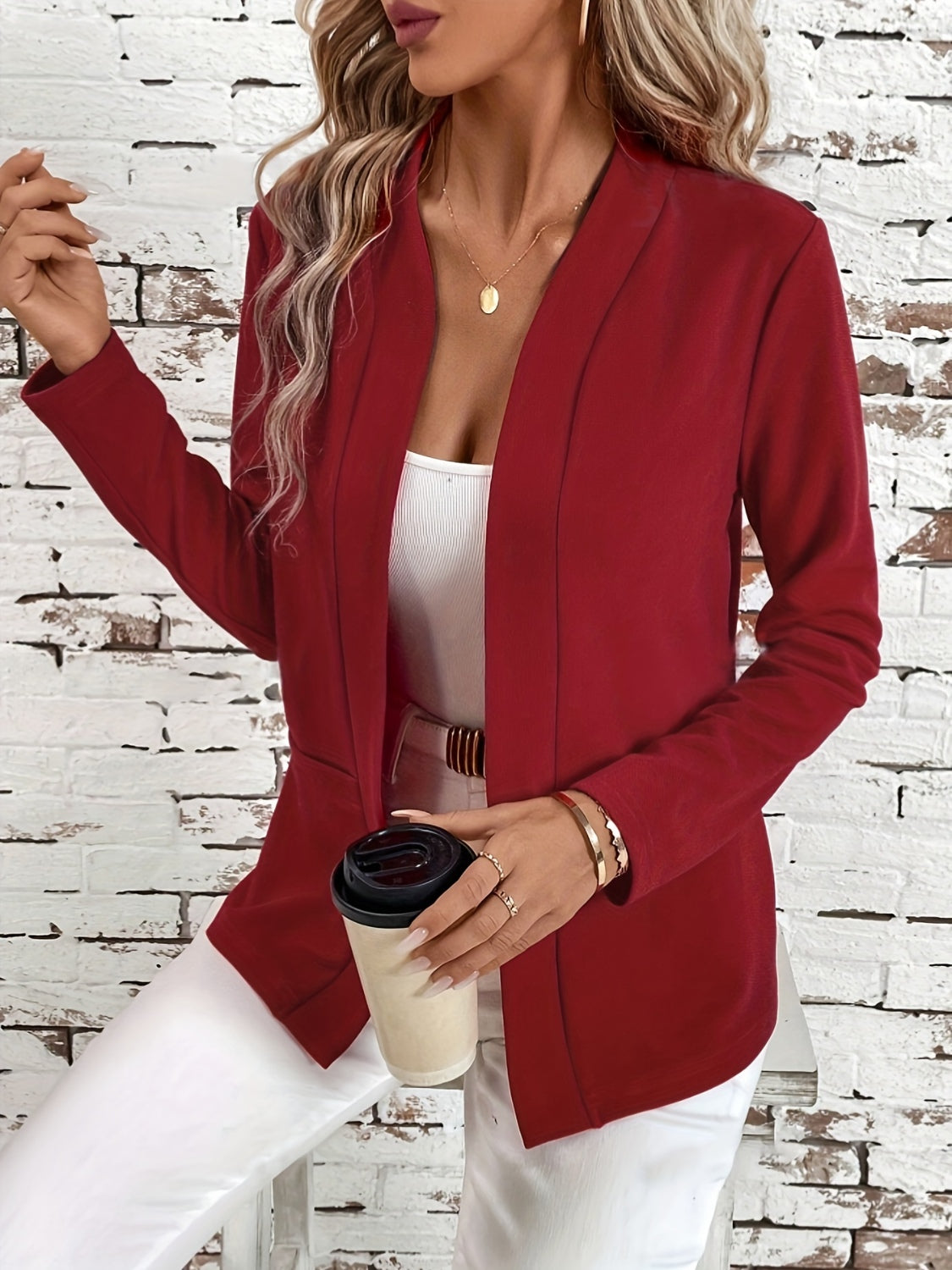 Solid Color Open Front Long Sleeve Cardigan - ShopEasier