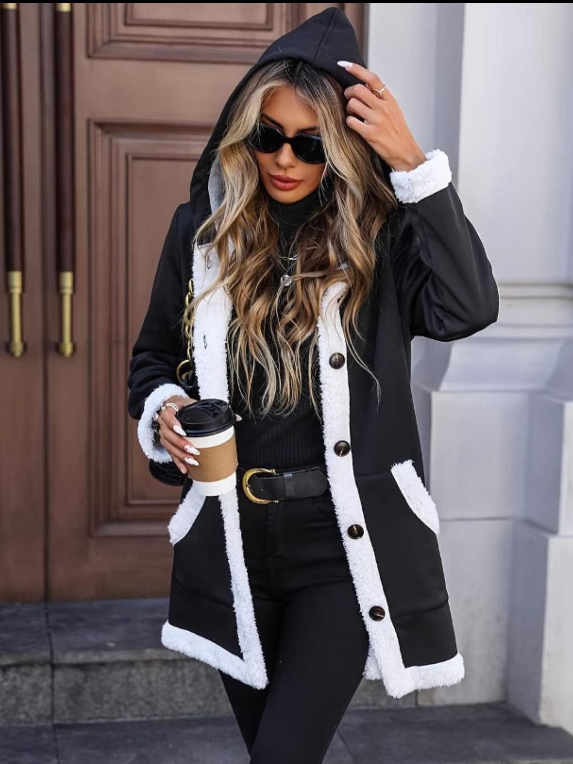 Contrast Button Up Hooded Coat - ShopEasier