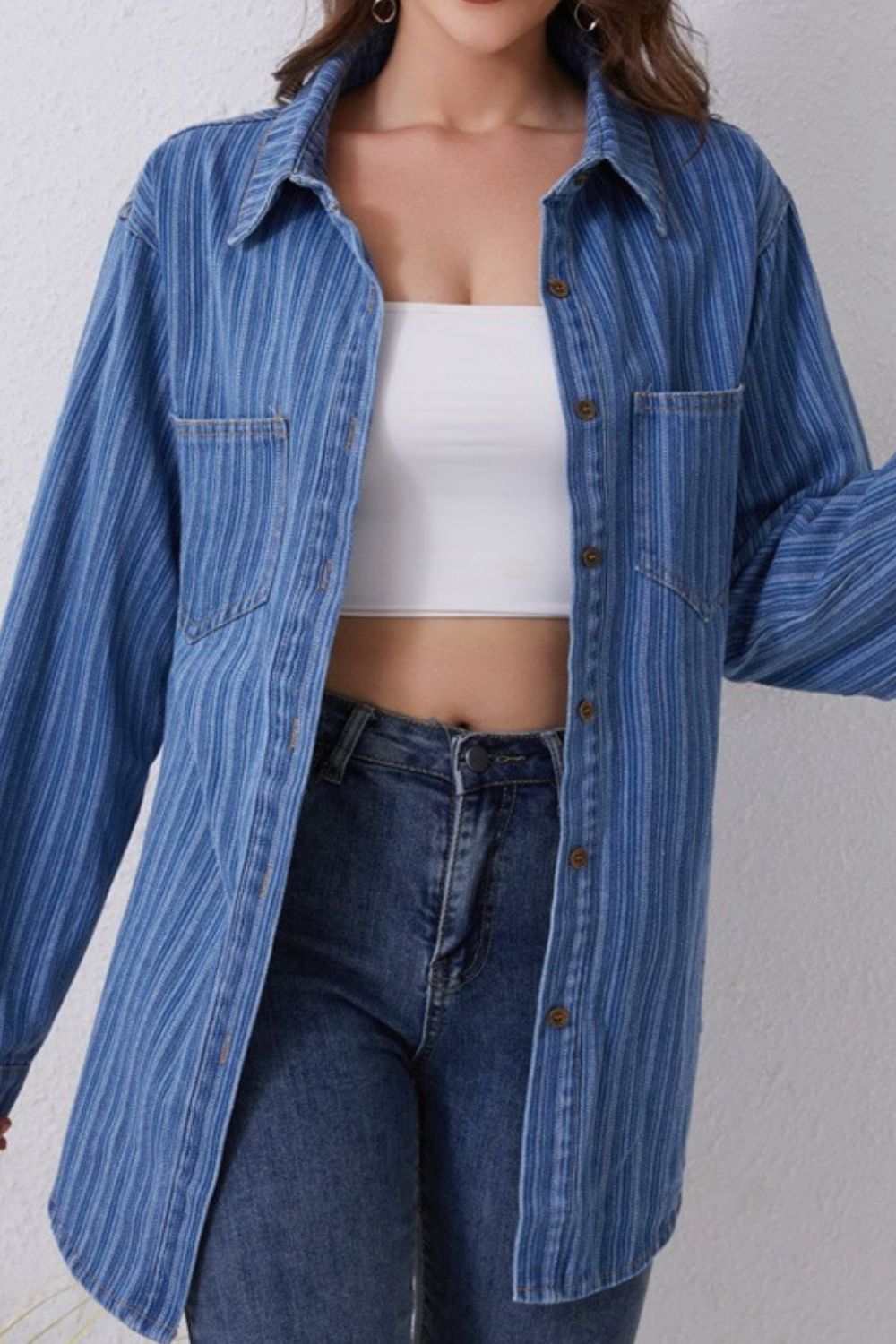 Striped Texture Collared Neck Denim Top - ShopEasier