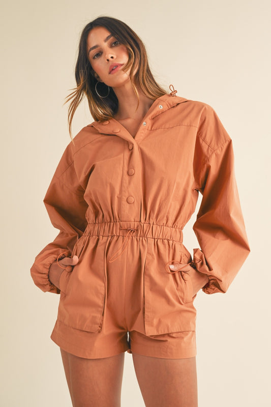 Mable Snap Down Long Sleeve Hooded Romper - ShopEasier