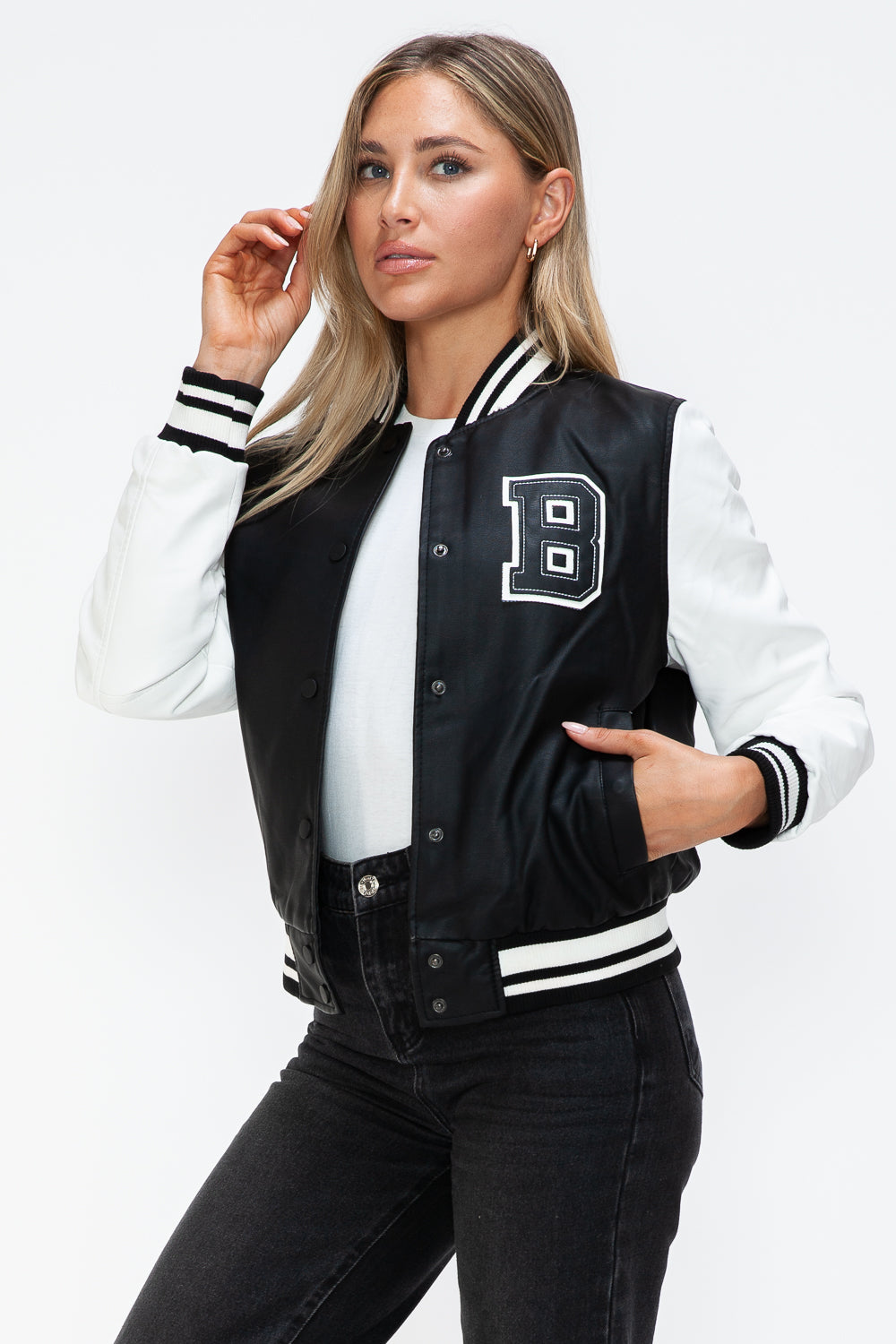 Love Me Now PU Leather Contrast Snap Down Bomber Jacket - ShopEasier