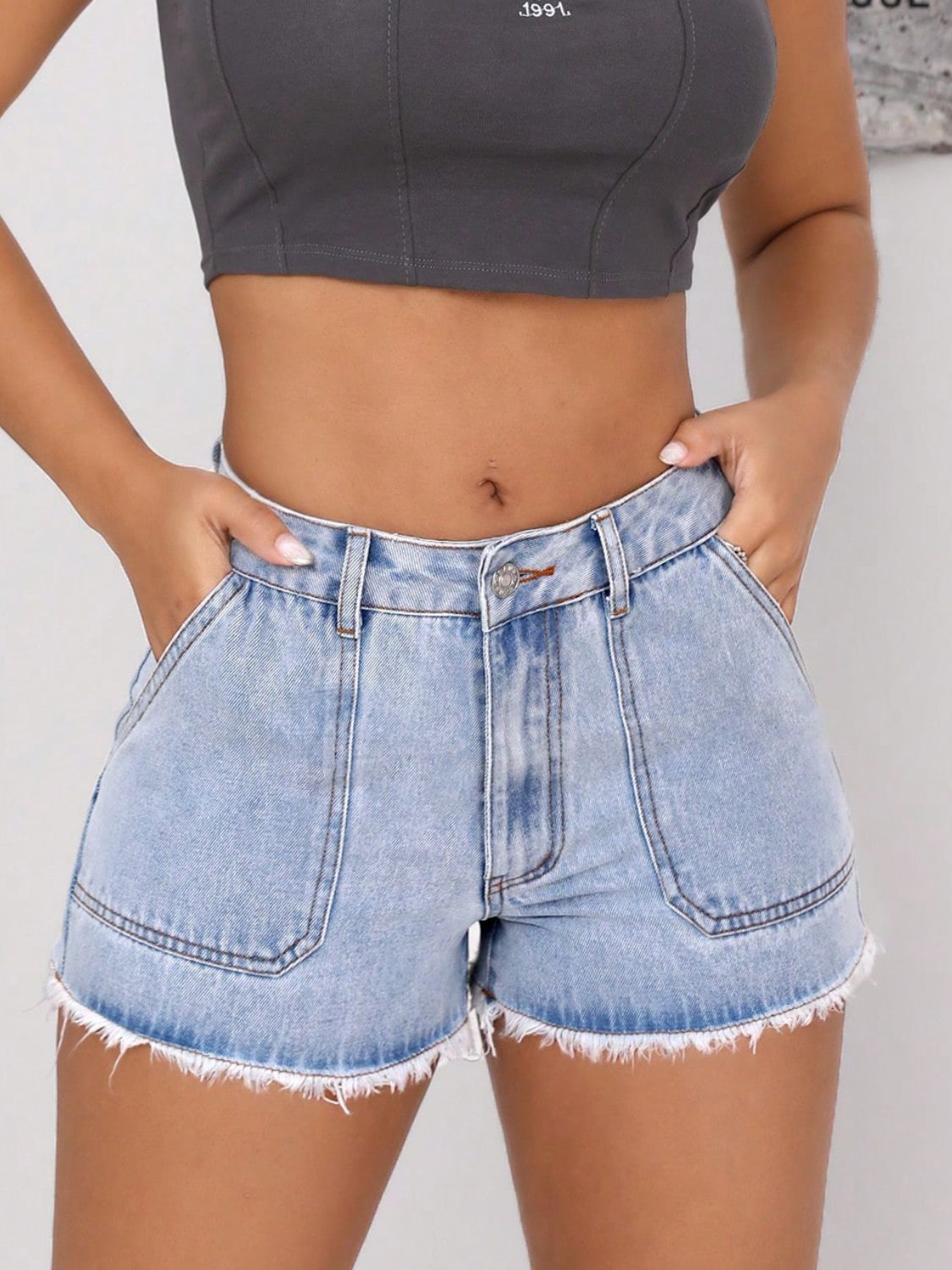 Distressed Pocketed Denim Cutoff Shorts