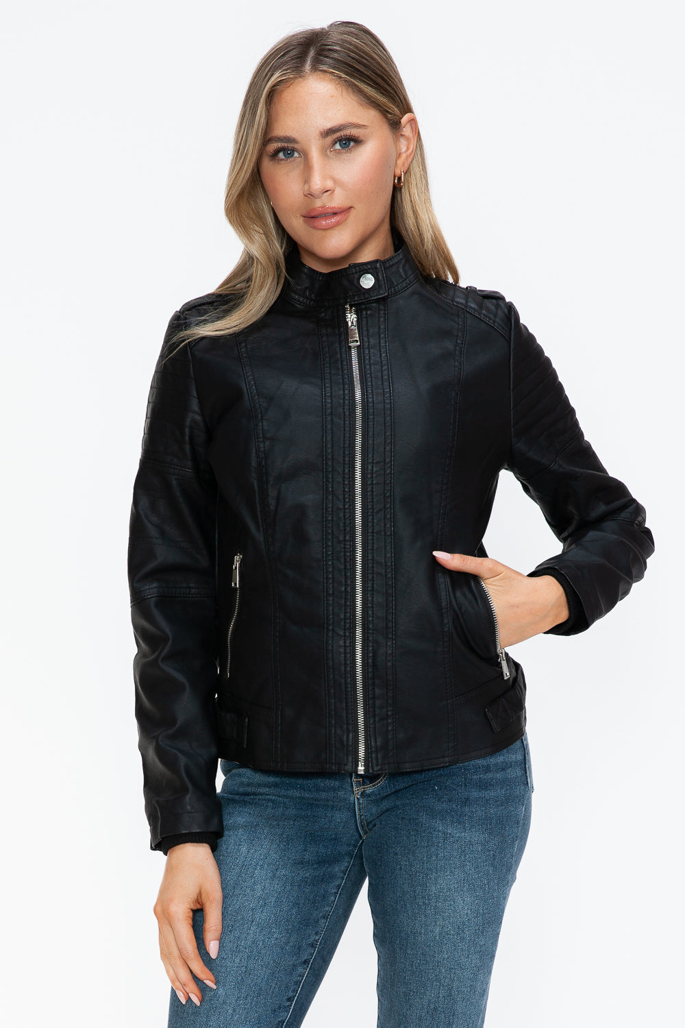 Snobbish PU Leather Biker Jacket with Side Zip Pockets - ShopEasier