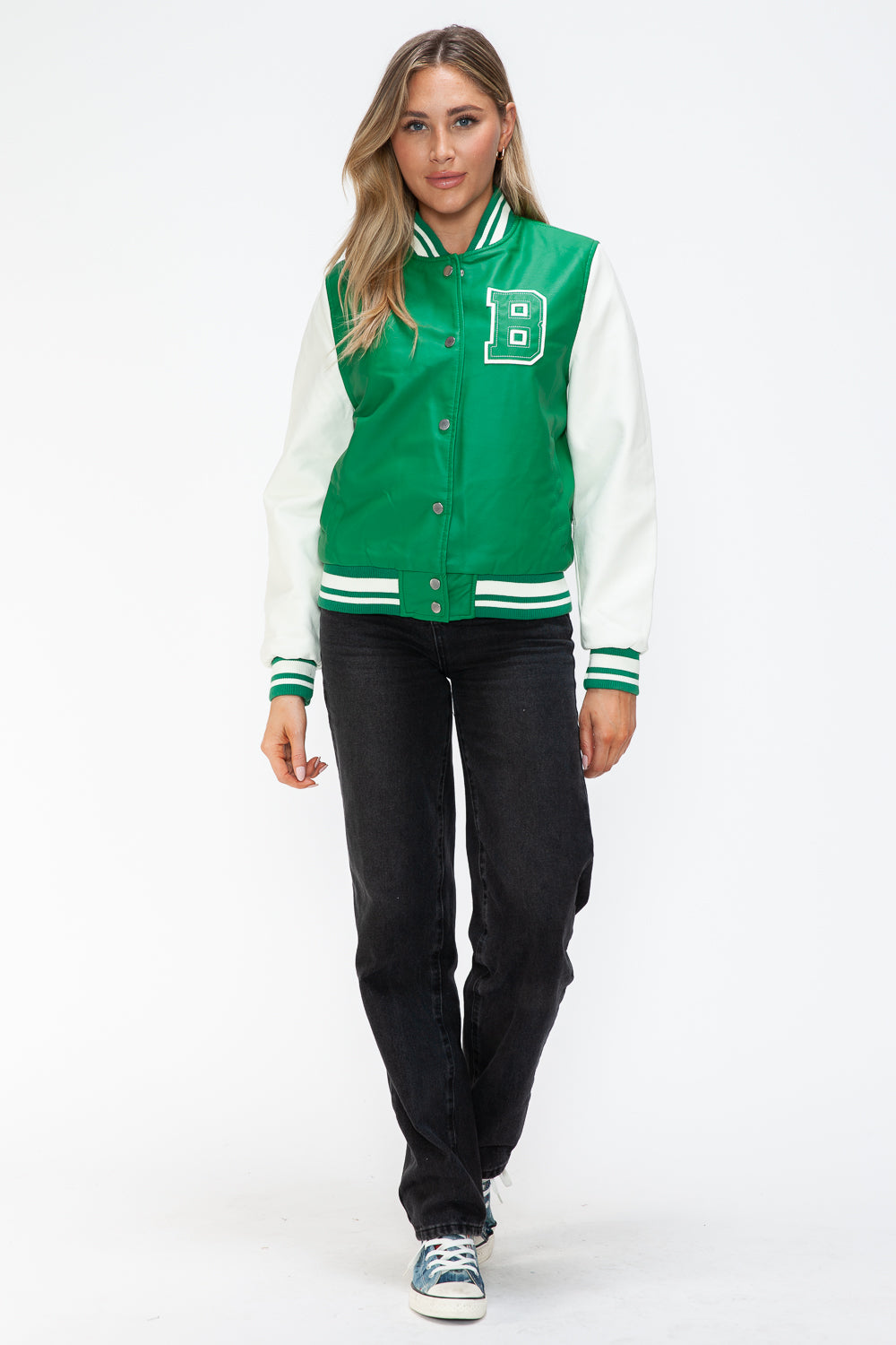 Love Me Now PU Leather Contrast Snap Down Bomber Jacket - ShopEasier