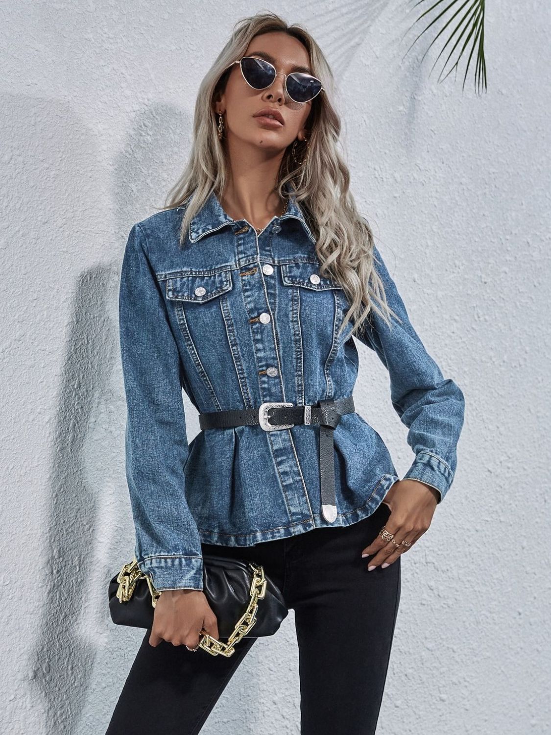 Peplum Collared Neck Long Sleeve Denim Top - ShopEasier