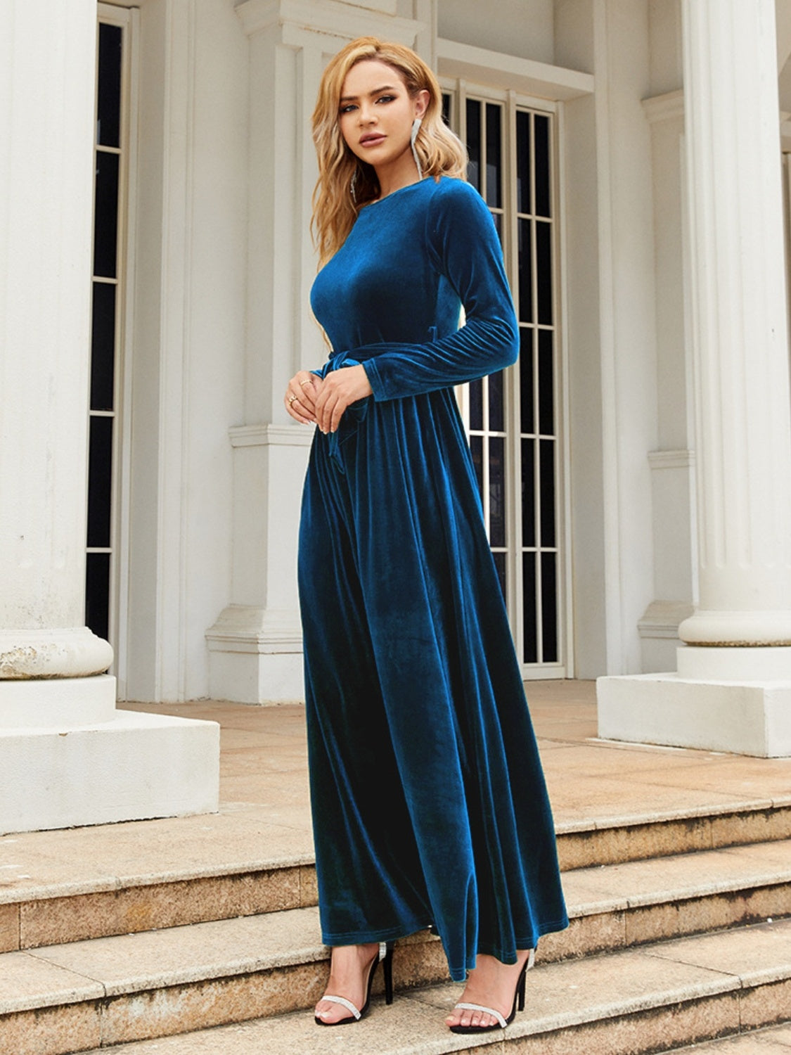 Tie Front Round Neck Long Sleeve Maxi Dress - ShopEasier