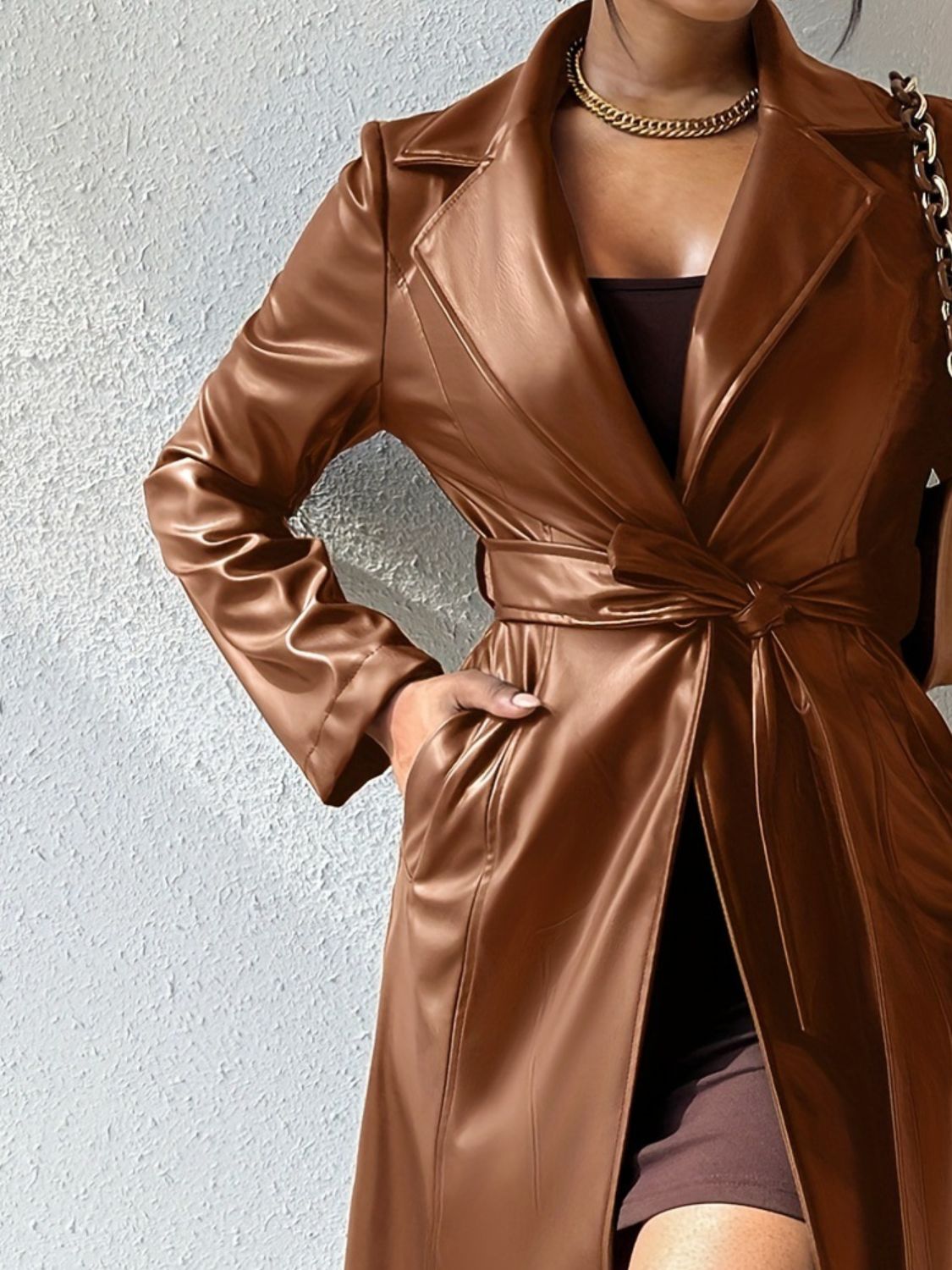 Tied PU Leather Long Sleeve Trench Coat - ShopEasier