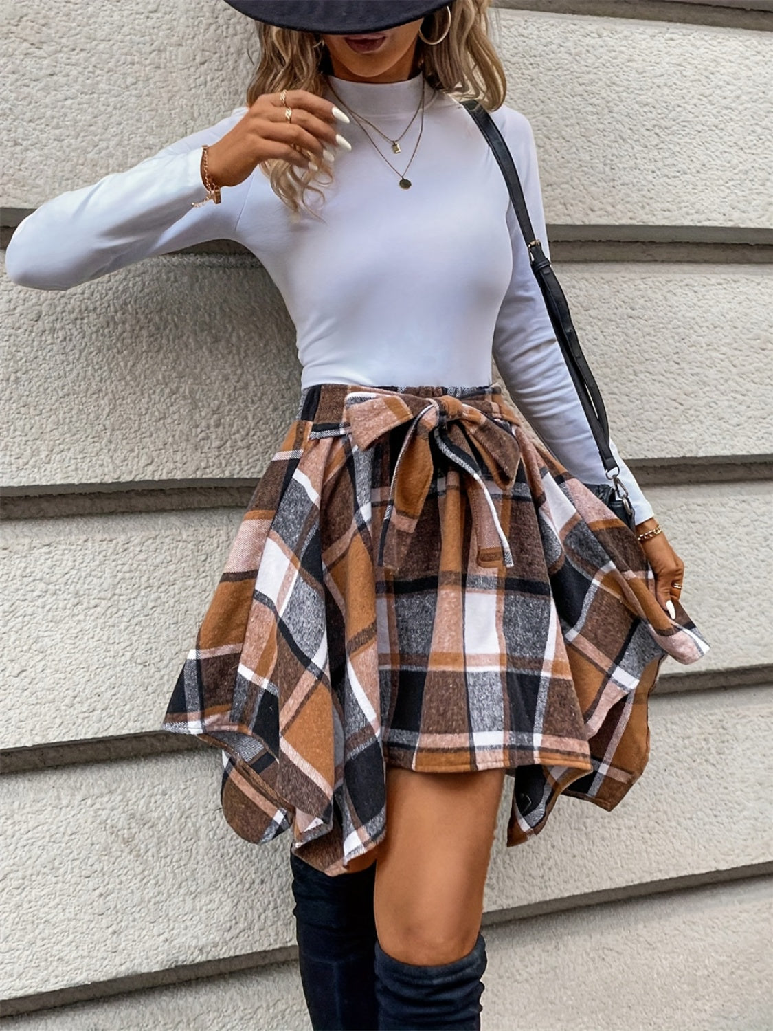 Tied Plaid High-Low Hem Skirt